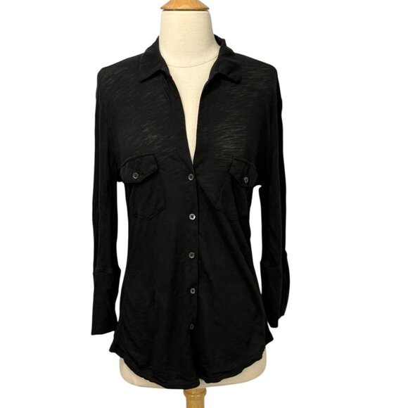 James Perse Sheer Slub Side Panel Shirt Top Black 3/4 Sleeve Pockets Size 3 / L - Picture 1 of 9